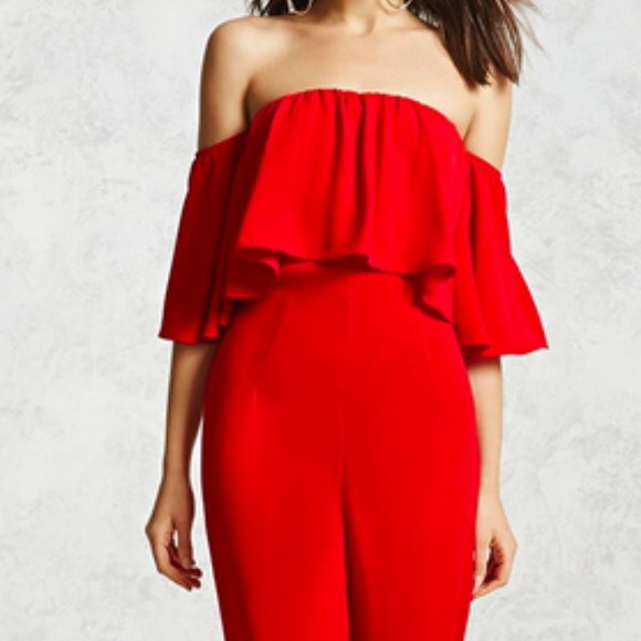 red off the shoulder jumpsuit